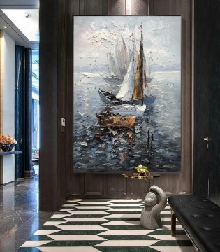 テクスチャード加工 Painting - パレット ナイフ テクスチャによるヨット港の海景